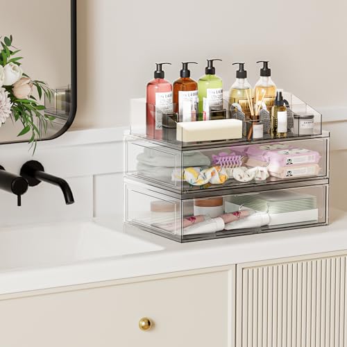 Clear Stackable Makeup Organizer with Drawer, 12''W Acrylic Storage Drawers, Cosmetic Display Case for Vanity Bathroom Countertop, Beauty Holder for Lipstick Brush Skincare Perfume