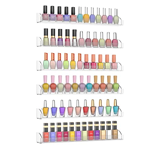 15 Inch Acrylic Nail Polish Rack for Wall Set of 6, Wall Mounted Nail Polish Display Rack with End Caps, Nail Oranizer and Storage for Nail Tech, Hold Up to 90 Bottles (15 Inch)