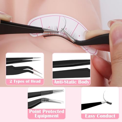 Lash Extension Practice Kit, Eyelash Extension Training Kit for Beginners, Professional Eyelash Mannequin Head Set with Lash Fan, Lash Shampoo, Glue Rings and Lash Mirror (Lashes Kit-with eye)