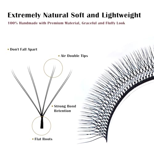 DeceMars 8D W Eyelash Extensions Easy Fans Russian Volume YY Lash Extension Fluffy Matte Black Clusters Lashes for Professional Salon Use (WW-8D-0.07-D,8-15mm Mix)