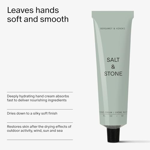 Salt & Stone Hand Cream for Women & Men | Hydrates, Nourishes & Softens Skin | Restores Dry Cracked Hands | Fast-Absorbing | Cruelty-Free & Vegan | Bergamot & Hinoki 2 fl oz