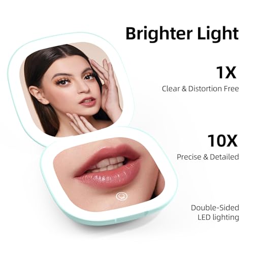 Compact Magnifying Travel Makeup Mirror with LED Light - 3.5 inches 1X/10X Magnification Small Hand Pocket Dimmable Double Sided USB Rechargeable Touch Screen, Portable Tabletop Cosmetic (Green)