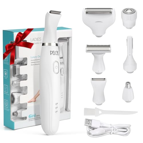 PELCAS Bikini Trimmer for Women Kit 6 in 1 Electric Shaver, Cordless Razors, Nose Hair Trimmer, Shaver for Women & Men Pubic Hair, Private Area, Legs, Face, Nose, Eyebrow, Body Hair Removal
