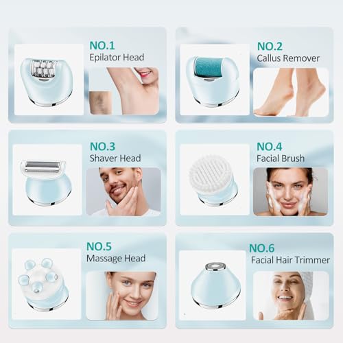 Epilator for Women, 6 in 1 Hair Removal Epilator, Shaver, Face Razor, Facial Brush, Face Massage and Body Exfoliator,IPX7 Waterproof Rechargeable Hair Removal for Women, 2 Speeds