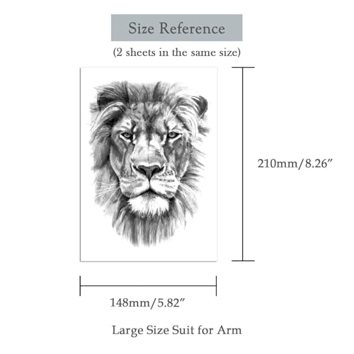 2 Sheets Realistic Animal Temporary Tattoos Stickers Sketch Lifelike Lion Designs For Men Waterproof Arm Leg Fake Body Art, Gym & Parties Bold Masculine Decals
