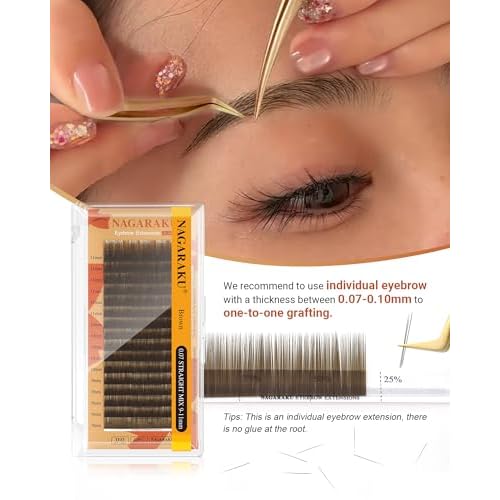 NAGARAKU Eyebrow Extensions, Air Series Brow Extension False Eyelashes Straight Curl for Bottom Lower Lash Grafting 16 Rows Black Soft Natural for Professional Salon Use - 0.07mm, Brown, 9/10/11mm