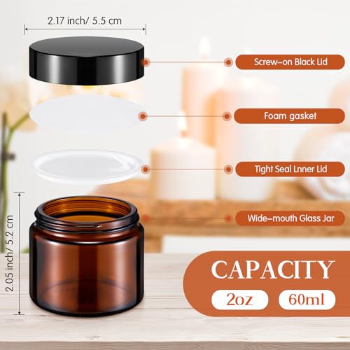 Domensi 2 oz Glass Jars with Lids, 32 Pcs Small Glass Jars with Lids Round Leakproof Airtight Empty Cosmetic Travel Containers with Inner Liners Lid for Makeup Lotions Cream Ointments Candle (Amber)