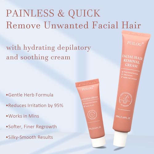 Painless Facial Hair Removal Cream Kit for Women, with Calming Cream & Mess-Free Application Spatula, 4 Min Unwanted Face Hair Remover Cream At Home, Face Depilatory Cream on Chin Lip Hair, 2.03 fl.oz