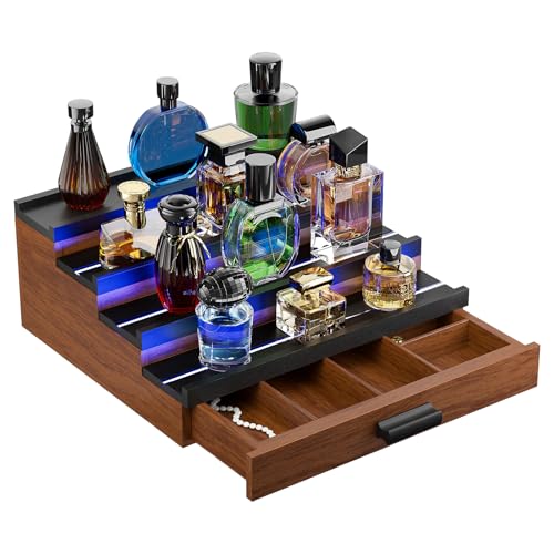 Perfume Cologne Organizer for Men: with LED Light 4 Tier Wooden Perfumes Stand, Desktop Parfum Holder Wood Display Shelf with Cabinet, Bedroom Makeup Lotion Jewelry Storage Rack with Drawer