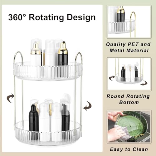 360 Rotating Makeup Organizer and Storage for Vanity Countertop 2 Tiers, High Capacity Cosmetic Skincare Perfume Organizers for Dresser Bathroom Lazy Susan