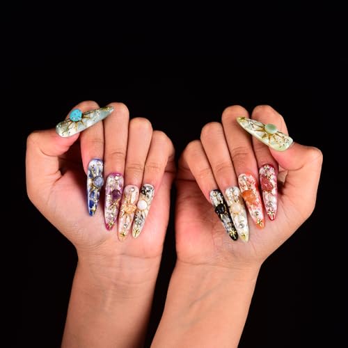 Tmani 10pc/set Long Handmade Press On Nail Hot Girl's Long Nails Ten Kinds of Natural Crystal Stone Decoration Fake Nails Suitable For Girls Festival Parties and Birthday Gift(442,M)