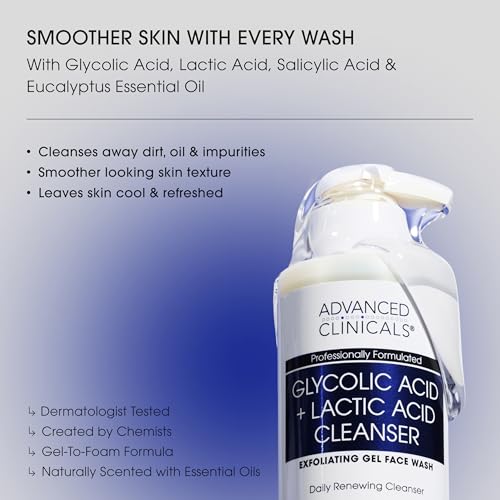 Advanced Clinicals Glycolic Acid Exfoliating Face Wash For Women & Men | Lactic Acid & Salicylic Acid Facial Cleanser | Glycerin Gel Gleanser Helps Gently Exfoliate & Cleanse Dirt & Oil, 2-Pack