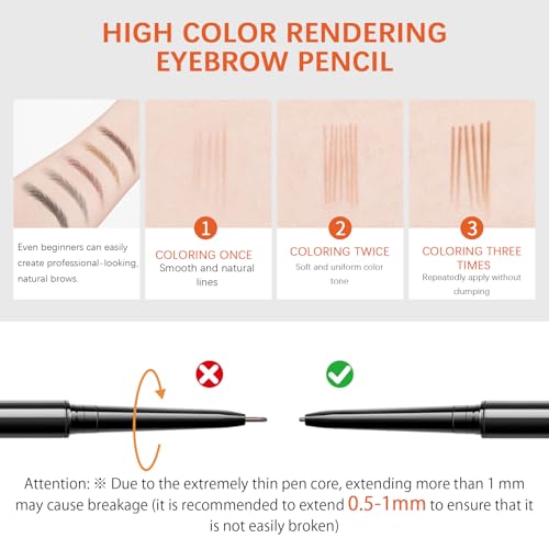 Browcharm Microblading Brow Pencil, 0.9mm Fine Tip, Waterproof Eyebrow Pencil, with 1+1 Same Color Refills, Shapes, Defines, Fills, and Contours for Full, Natural-Looking Brows (05 Deep Brown)