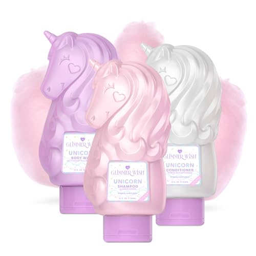 Glimmer Wish Premium Unicorn Shampoo + Conditioner + Body Wash, Vanilla Cotton Candy Scent, Dermatologist Tested, Sulfate & Sulfite Free, Paraben Free, PEG & EDTA Free, 100% Vegan, Cruelty & Gluten
