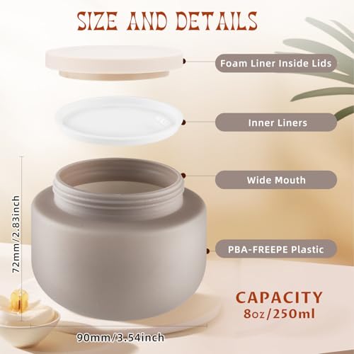 6 Pcs 8oz/250g Empty Plastic Jar Wide Mouth Cosmetic Container With Lids Refillable Travel Storage Container For Lotion Cream Body Butter Powder Ointments Samples Beauty Products etc (Grey)