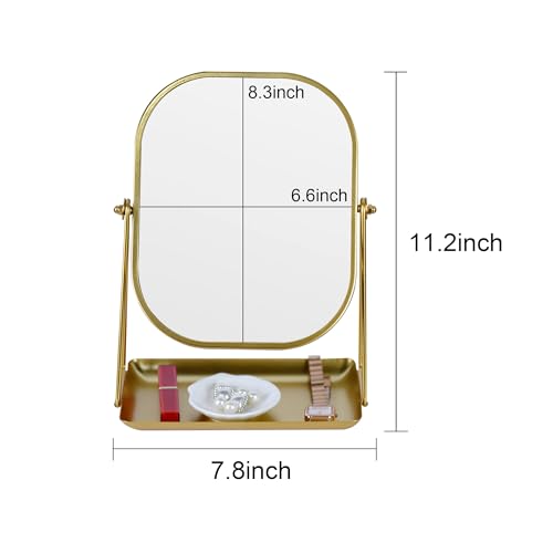 360 Degrees Rotating Metal Makeup Mirror with Storage, Vanity Mirror for Desk, Bathroom, Bedroom, Dressing Table (Gold)