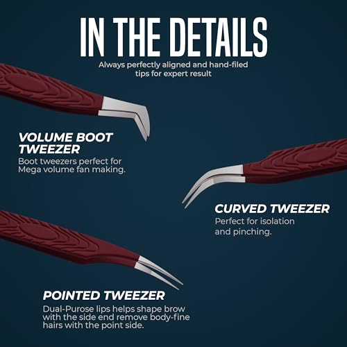 Eyelash Extension Tweezers, KHADMI IMPEX Fiber Tip Lash Tweezers - Set of 3 Eyelash Tweezers - Straight and Curved And Volume Eye Lash Tweezers for Extensions (Maroon)