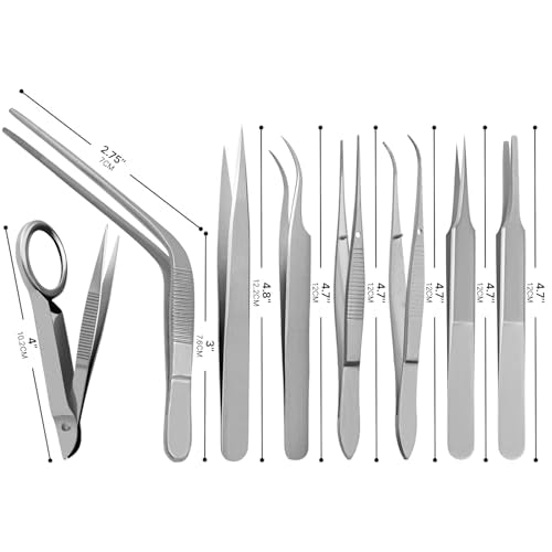 Splinter Forceps - Fine Point - Tweezers Stainless Steel Straight & Curved (Set of 8 Pcs W Magnifying Glass)