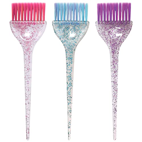 Colortrak 3 Pack Hair Color Brush Set with Glitter Handles for Highlighting, Tint and Coloring Hair Sections - Soft Feathered Bristles Application 3.5 x 11 inch