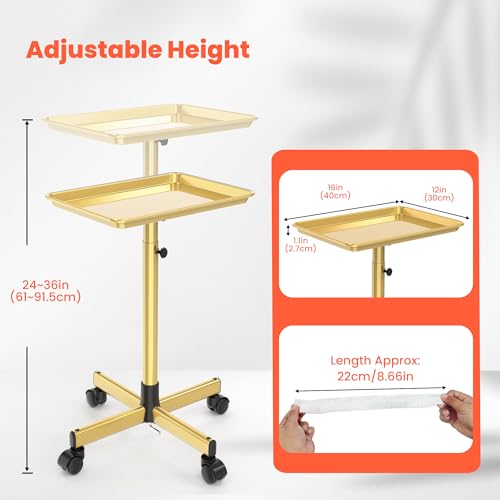 TASALON Rolling Salon Cart, Mobile Styling Station with Wheels Aluminum Rolling Tray Trolley for Salon Essentials, Adjustable Heightfor Hairstylist Tray with 10 PCS Disposable Salon Tray Cover,Gold