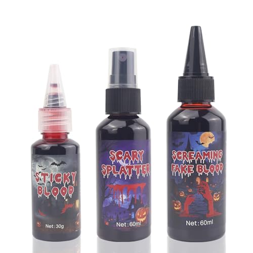 Halloween Fake Blood Sfx Makeup Kit, Special Effects Makeup Kit - Fake Blood Spray 2.03oz ,Dripping Blood 2.03oz, and Coagulated Gel Blood 1.06oz, Safe for Vampire Zombie Monster Cosplay Party Clothes