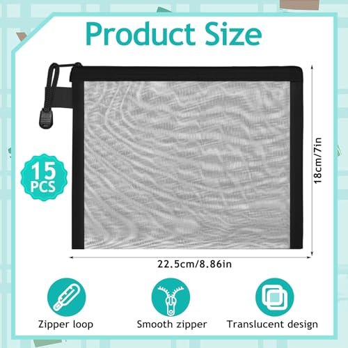15-Piece Mesh Zipper Pouch Set, Nylon Mesh Makeup Bags, Portable Organizing Pouches for Travel (Black, 8.8x7 Inch)