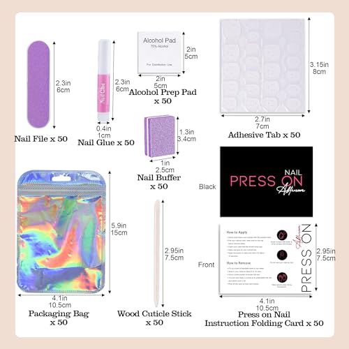 50 Set Press On Nail Tool Prep Kit for Salon Business, Disposable Manicure Kit with Nail File, Buffer, Glue, Prep Pad, Instruction Card, Adhesive Tabs, Wood Stick, Purple Packaging Bag