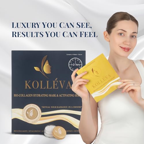 Koll?va Bio-Collagen Hydrogel Face Masks - Instant 2-Hour Radiant Glow & Deep Hydration, Clinical-Grade Anti-Aging - 4 Pack with Activating Serum, USA Innovation