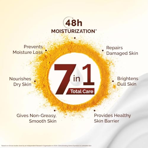 MAMAEARTH Ubtan Moisturizing Body Lotion with Turmeric & Saffron for Glowing Skin 400 ml | 48H Moisturization | Nourishes Dry Skin | 7in1 Total Care | 100% Natural Butter | Non-Greasy Smooth Skin