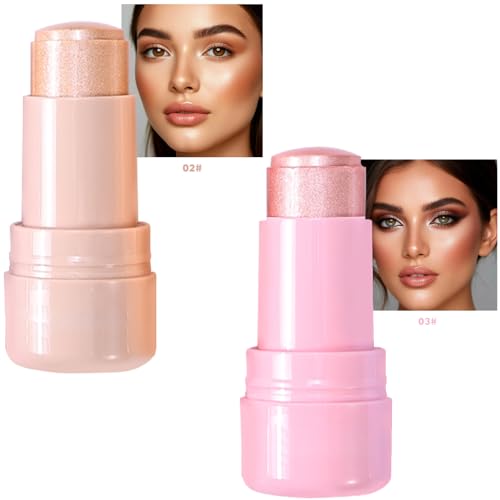 2pcs-Highlighter Stick Makeup, Shimmer Stick for Face & Body, Easy Blend & Long Lasting, Multi-Use Cream Highlighter Makeup for All Skin Types(#02+#03)