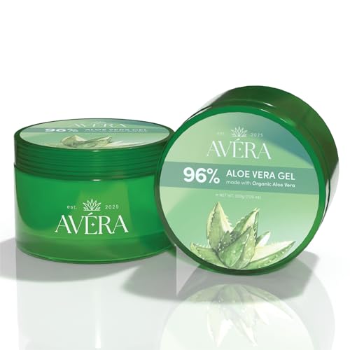 Avera Organic Aloe Vera Gel for Face & Body, 96% Pure Aloe Gel, Ideal for Skin, Scalp, & Hair Hydration, Calming Moisturizer for Soothing After Sun Care, 7.05oz