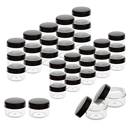 ZEJIA 3 Gram Sample Containers with Lids, 200 Count Tiny Sample Jars, 3ML Makeup Cosmetic Containers for Lip Balms, Lotion, Powder, Beauty Products(Black Lids)