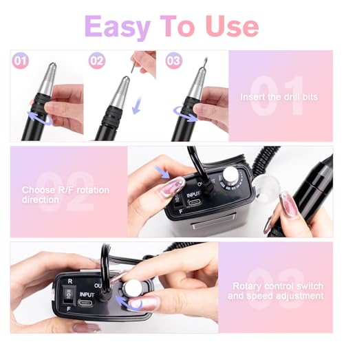 Beloving Portable Nail Drill Professional, 45000RPM Rechargeable Nail Drill Electric File Machine for Acrylic Gel Polish Remover, Cordless Nail Kit for Manicure Pedicure with 11 Bits for Salon (Black)