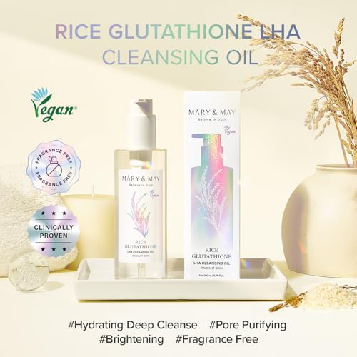 Mary&May Rice + Glutathione LHA Cleansing Oil ? Korean Oil Cleanser for Blackheads & Pores, Waterproof Makeup & Sunscreen Remover, Oil-to-Milk Emulsifying, Exfoliation for Sensitive Skin 6.76 fl oz