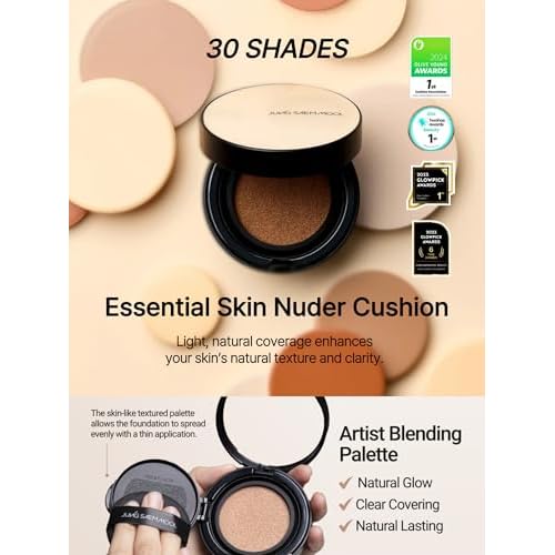 JUNG SAEM MOOL Essential Skin Nuder Cushion | Natural Finish, Buildable Coverage Cushion Foundation by Korean Makeup Artist (Refill Not Included, 0.49 Fl Oz), 21W Medium