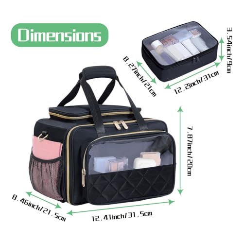 Large Makeup Bag for Women, Travel Toiletry Bag with 2 Removable Pouches, Wide-Open Design for Toiletries, Cosmetics, Brushes & Beauty Tools (Black)