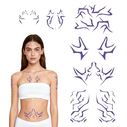 8 Sheets Cosplay Tattoos Stickers for Face and Body£¬Stylish Variety Purple Temporary Tattoos,Dance Cosplay- Ideal for Cosplay, Parties, and Daily Wear.