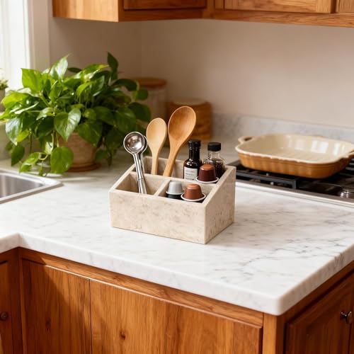 Marble Desk Organizer with 3 Compartments Perfume Organizer & Makeup Brush Holder Toothbrush Holder and Bathroom Counter Organizer White Purple Pattern Modern Design (Beige)