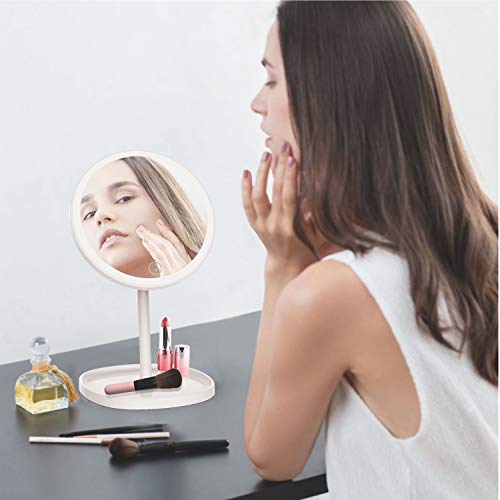 LED Lighted Makeup Mirror, Circle, 7"L x 7"W 12.48"H, White, Rechargeable, Cordless, Standing/Leaning, Compact