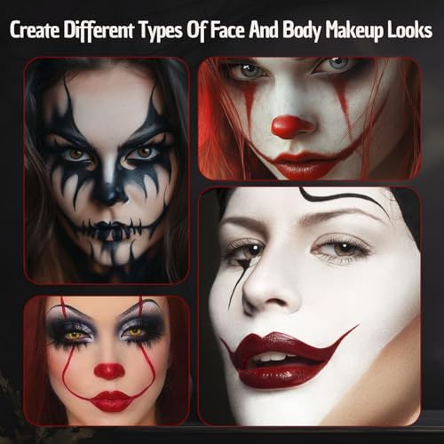 White Black Red Halloween Face Body Paint with 3PCS Sponge and 1PC Brush, for Baseball, Softball Sports(Eye Black) & Halloween (Joker, Clown), Face Painting Kit for Cosplay, SFX Costumes