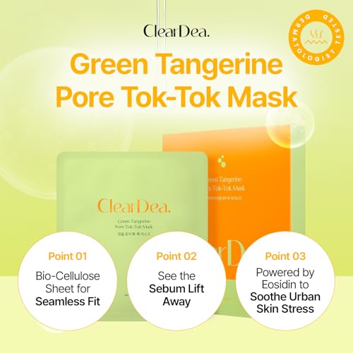 Green Tangerine Pore Tok-Tok Sheet Mask (3-in-1 Bio-Cellulose Gel) (Eosidin Care) ? Pore Care, Sebum Control, Collagen Peel Off Facial Skincare for Deep Cleansing & Smooth Skin, 4 Sheets