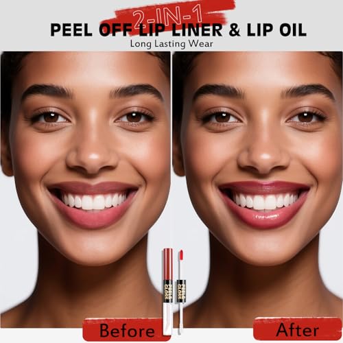 Lip Stain Peel Off Lip Oil 2 in 1 Combo Set, Raspberry Long Lasting Tattoo Lip Liner Stain, Transfer-Proof Lip Tint Matte Finish Moisturizing Lip Gloss for Women Daily Makeup, Easy to Use