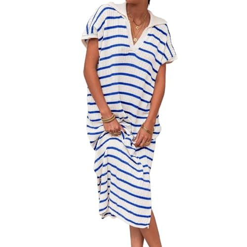 Saodimallsu Womens Striped Summer Dresses Short Sleeve V Neck Knit Collared Sexy Slit Loose Maxi Sweater Dress