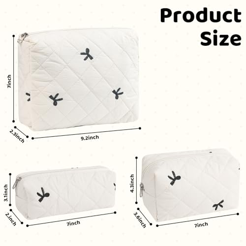 Quilted Makeup Bag Set,3 Pcs Puffy Cosmetic Bags Aesthetic Make Up Bags,Small Zipper Pouch,Travel Toiletry Bag Purse Organizer Pouches for Women (White-Bow)
