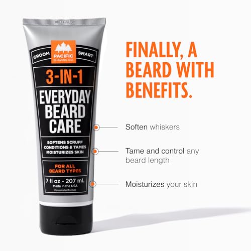 Pacific Shaving Company 3-in-1 Beard Care - Ultra-Concentrated Formula Softens Scruff, Conditions, Tames, and Moisturizes Skin for Any Beard Length - Clean Men's Grooming Products (7 Fl Oz)