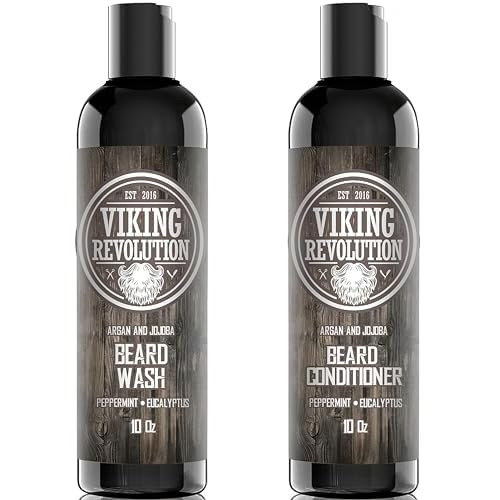 Viking Revolution Beard Shampoo and Conditioner Set - Top-tier Beard Care Kit with Argan & Jojoba Oils for Healthy Beard Growth, No Itching or Irritation, Rich Lather, Eucalyptus Scent (10 oz)