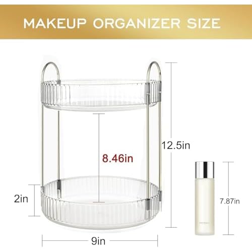 360 Rotating Makeup Organizer and Storage for Vanity Countertop 2 Tiers, High Capacity Cosmetic Skincare Perfume Organizers for Dresser Bathroom Lazy Susan