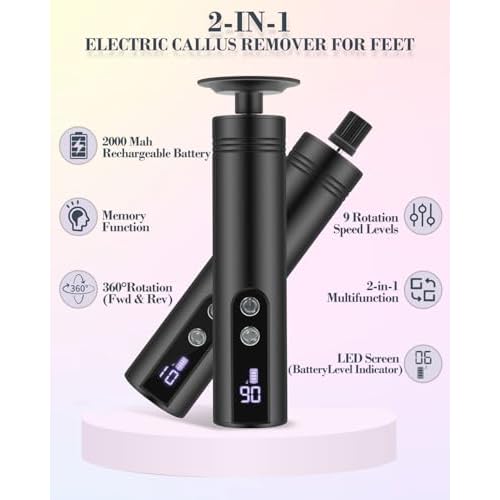 2 in 1 Electric Foot Callus Remover, 9 Speed Adjustable Foot Sander with LED Display, Electric Foot Grinder with 2000 mAh Rechargeable Battery, for Callus Removal, Replaceable Sandpaper Discs (Black)