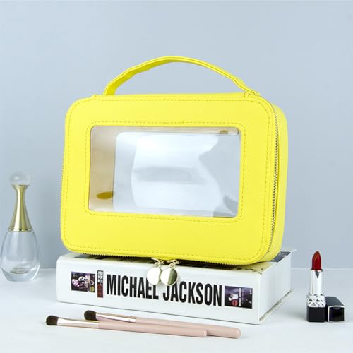 Clear Makeup Case, Transparent Makeup Bag for Travel Leather Beauty Pouch Toiletry Bag for Women and Girls(Yellow)