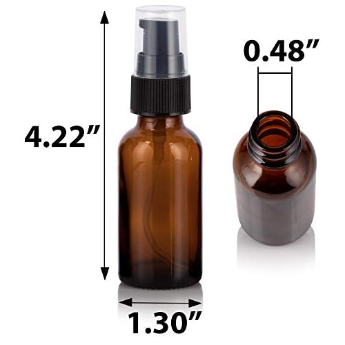 JUVITUS 1 oz / 30 ml Amber Glass Boston Round Bottle with Black Treatment Pump (6 Pack) + Funnel Refillable Empty Storage Containers